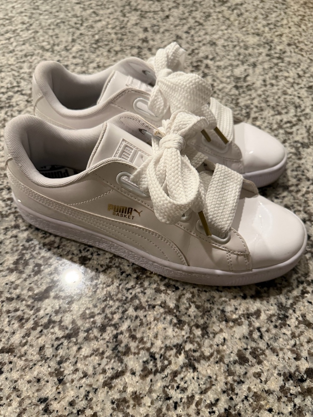 Puma Kids White Low-Top Basket Sneakers with Gold Accents